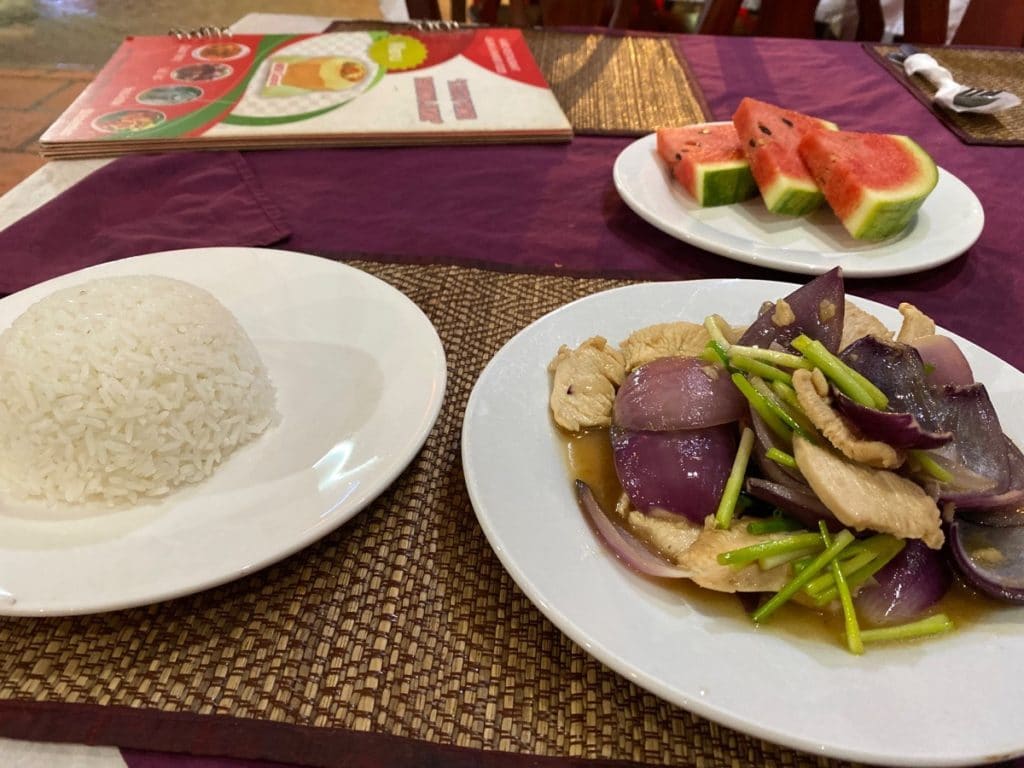 Typisches asiatisches Essen: Chicken-Zwiebeln mit Steamed Reis.